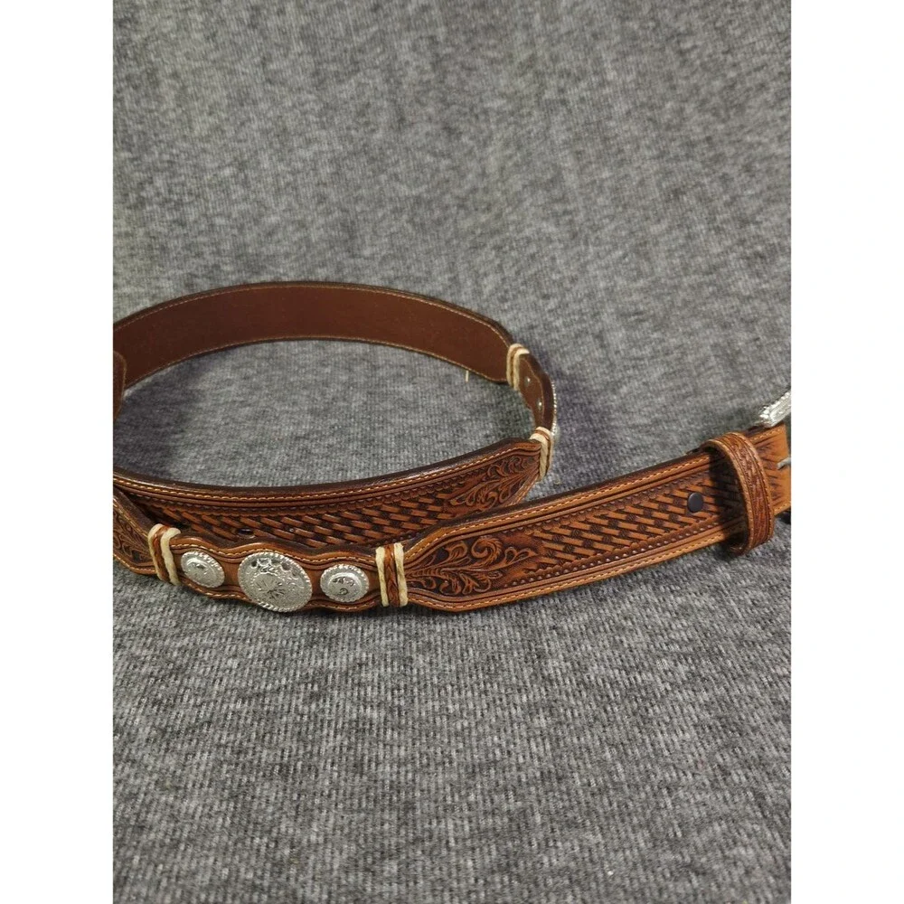 Tony Lama Hand-Tooled Brown Or Black Leather Men’s Belt Silver Conchos Size 40
